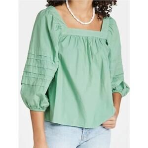Madewell Square Neck Pleat Sleeve Top Pale Evergreen Small NWT